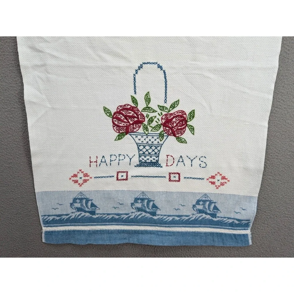 Vintage Lof of‎ 6 Embroidered Hand Towel Linen Floral Lace Trim Kitchen Boho